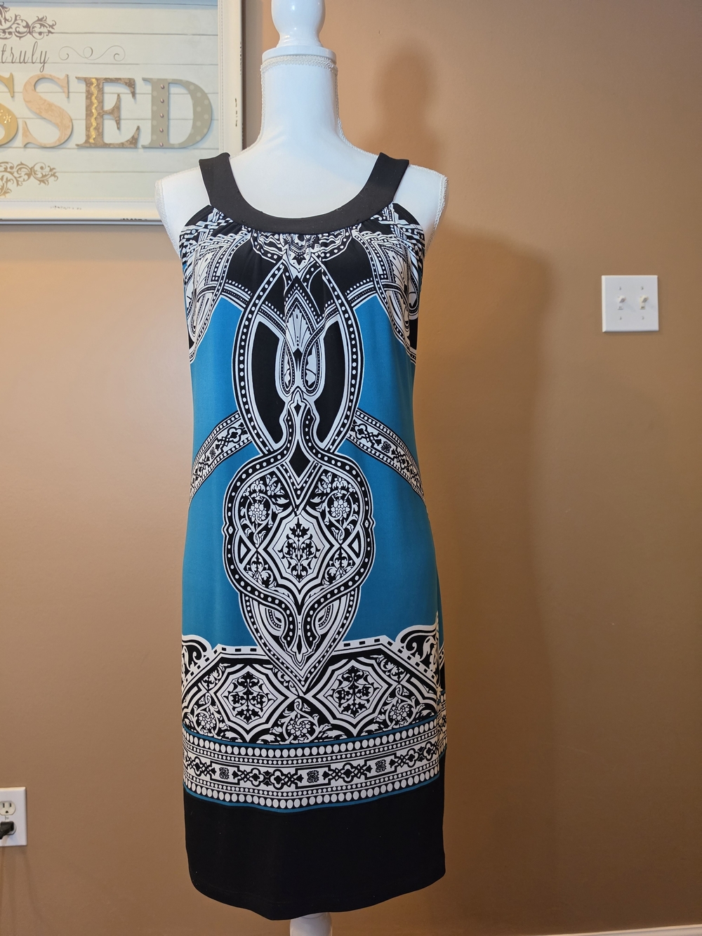 Saint Tropez West Teal, Black & White Printed Sleeveless Shift Dress